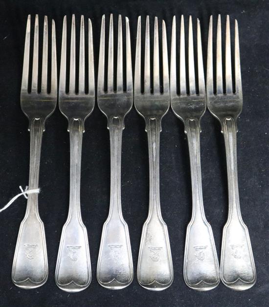 Six George III silver fiddle and thread pattern table forks by William Chawner II, London, 1819, 16 oz.